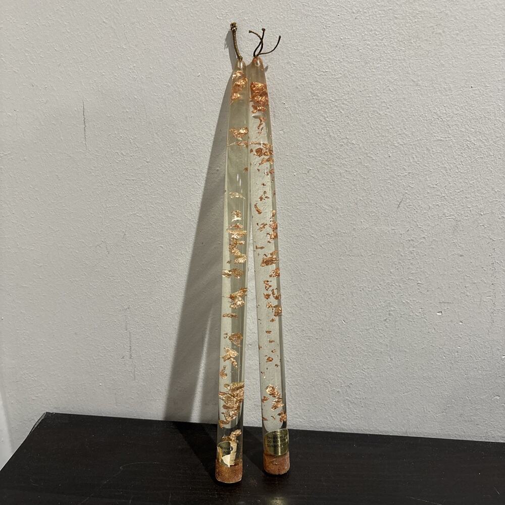 Set of 2 Vintage Lucite Taper Candles Clear W/ Copper Metallic Flakes 11.5” MCM